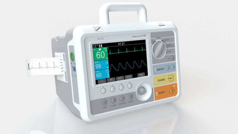 Front image of the C-15 defibrillator with graphic recorder