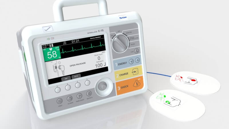 Front image of the C-15 defibrillator with disposable pads